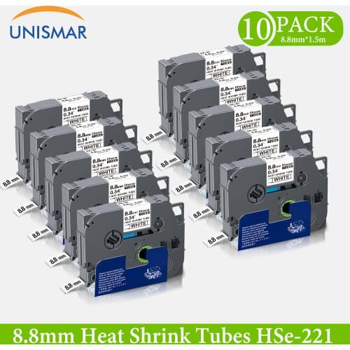 Unismar 10PK HSe-221 HSe-621 Black on White Heat Shrink Tubes 8.8mm Fit for Brother Ptouch PTE300 PTE500 PTE550W Label Maker