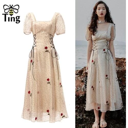 Tingfly Victorian Vintage Square Collar Waist Lace Up Polka Dot Rose Embroidery Summer Soft Girl Dress Dinner Vestidos Midi
