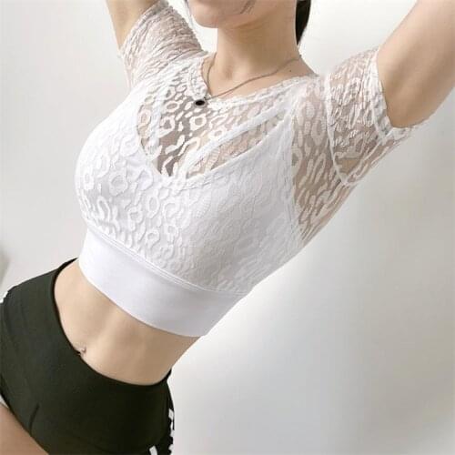 Sexy Inner Padded Yoga Sports Short Sleeve Women Gym Workout Jogging Top Breathable Lace Design Slim Fit Yoga Clothes