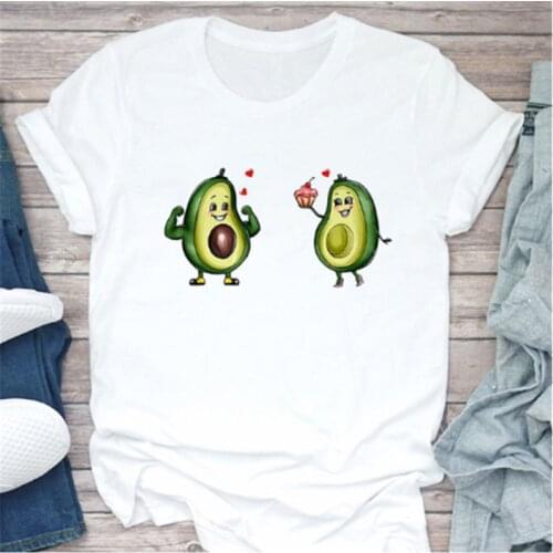 Womens kawaii cartoon avocado printed short-sleeved casual T-shirt summer short-sleeved round neck T-shirt Harajuku T-shirt