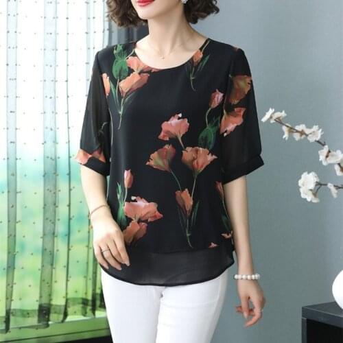 Women Simple Stitching Loose Round Neck Blouse Thin Printed Chiffon Shirt with Medium Sleeves Female Spring Pullover 5XL