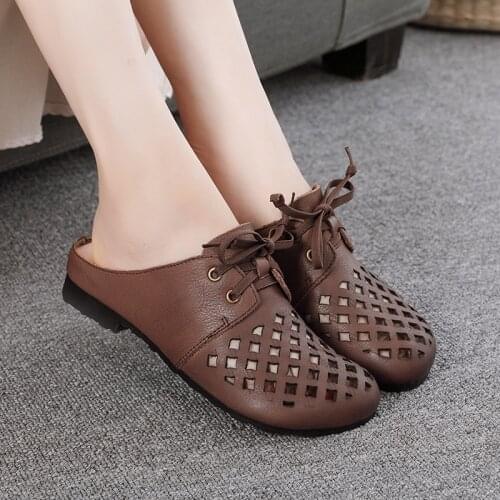 YourSeason Ladies Genuine Leather Summer Shoes Flat With Outside Slides Concise Women Hollow Breathable Slipper 2021