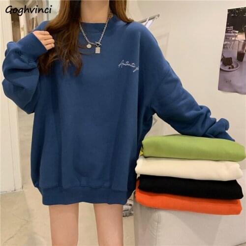 Women Hoodies Sweatshirts Letter Print Thicken Plus Velvet O-Neck Trendy Females Leisure Loose Chic All-match Outwear Street New