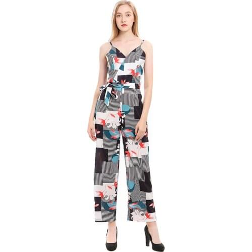 Summer Bodycon Party Backless Flower Printed Sleeveless Overalls Clothes Sexy V-neck Jumpsuit Women Wide Leg Romper