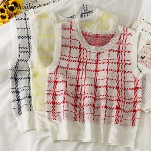 Casual Sweater Vest For Women Spring Summer O-Neck Contrast Color Patchwork Check Sleeveless Knitted Waistcoat Slim Tank Tops