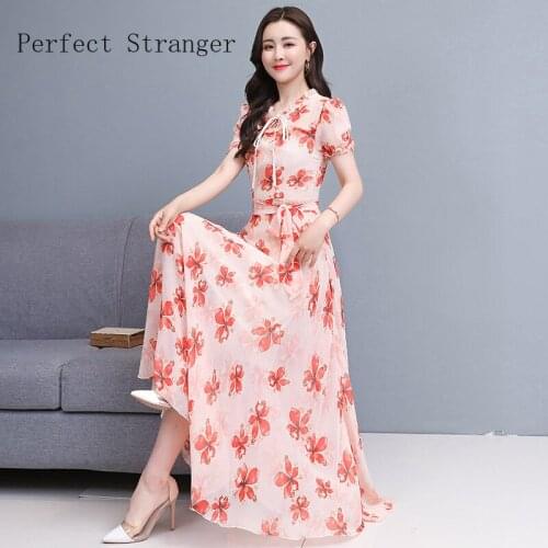 High Quality 2021 Summer Dress For Women Bow Collar Floral Printed Short Sleeve Women Chiffon Long Dress