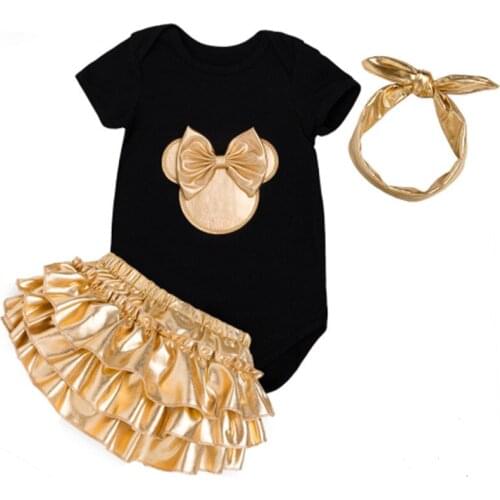 Girl Baby Clothes Suit Climbing Suit Short Skirt Headband 3 Pieces Cartoon Bow-tie Cotton Baby Romper Suit