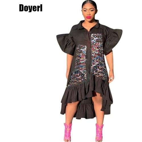 Long Loose Shirt Dress Women Oversized Ruffle Button Down Patchwork Sequin Shirt Dress Summer Midi Casual Party Dress for Women