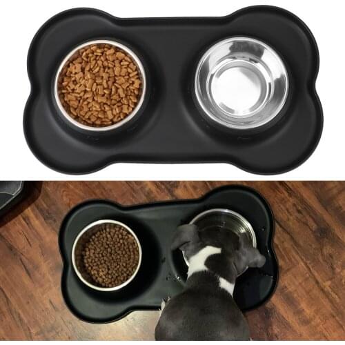 Drinking Water Food Feeder Double Dog Bowl Antislip With Silicone Mat Durable No Spill Stainless Steel Pet Feeding Bowl