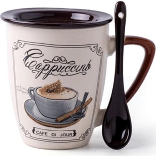 European Creative Illustration Hand-painted Ceramic Coffee Mug With Spoon Office Drinkware Tea Hot Water Milk Coffee Cup Gifts