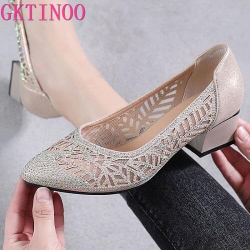 GKTINOO 2021 New Summer Fashion Pumps Cut-outs Women Crystal Casual Ladies Shoes High Heels Tenis Feminino Genuine Leather