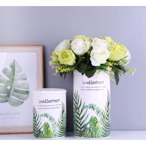 Green Leaf Ceramic Vase Table Centerpiece Flower Vase Straight Design Hydroponic Container Dried Flower Home Decoration Vase