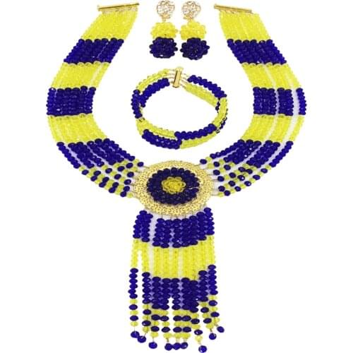 Royal Blue Yellow Crystal African Beads Necklace Nigerian Wedding Jewelry Sets for Women 6CXLS09