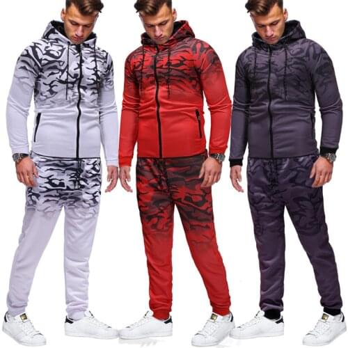 Autumn mens Stylish Tracksuit zipper hooded sweater+Pants suit camouflage gradient color Sportswear Jogging Gym 2 Piece Set
