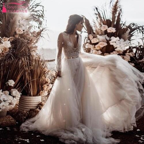 Long Sleeve Lace Wedding Dresses V-Neck Floor Length Tulle skirt Bridal Gowns Boho Fall Winter Vestido De Noivas ZW219
