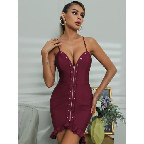 Summer Ruffles Sexy V Neck Zipper Bandage Dress Spaghetti Strap Vintage Women Party Dress Vestidos Nightclub Femme Robe DH7538
