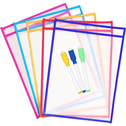 5PCS Reusable Clear PVC Dry Erase Pockets Pockets Sewing Bag 3PCS Pens for Multifuctional Office Painting Supplies Random Color