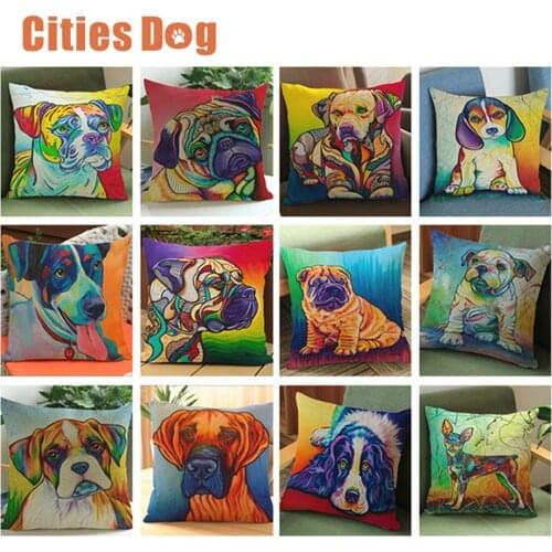 Cartoon animals dog Linen Cotton Pillowcase Cushion cover Watercolor painting dog christmas decorations for home car sofa Pillow