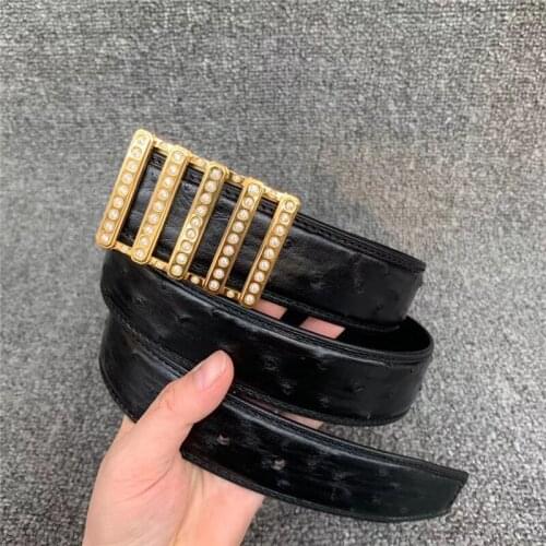 Authentic Real Ostrich Skin Fancy Rhinestone Stainless Steel Pin Buckle Mens Waist Strap Genuine Exotic Leather Male Black Belt
