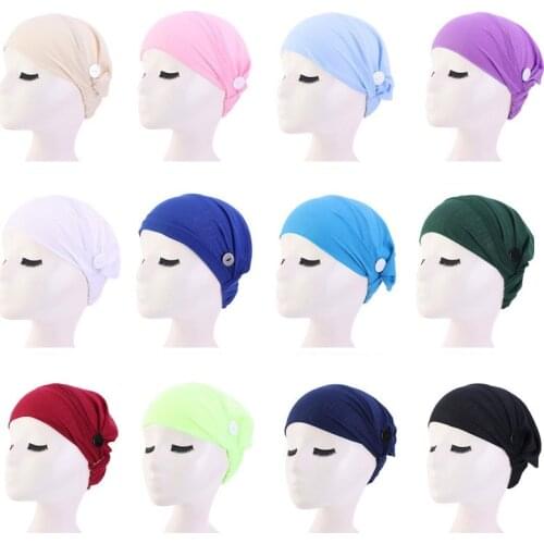 Soft Loss Cancer Hat with Button for Wearing Ear Hat Turban Chemo Hat Women Sleep Cap Ladies Headwear