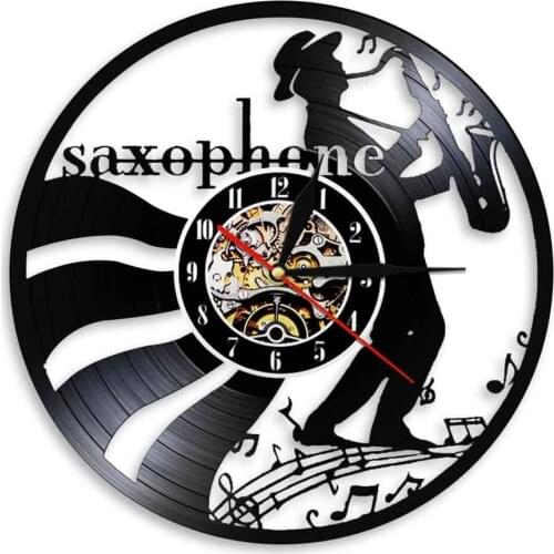 Jazz Music Saxophone Player Silhouette Wall Clock 12"Vintage Vinyl Record Time Clock Creative Wall Art Decorative Clocks