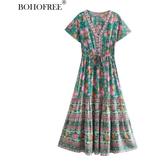 Rayon Cotton Holiday Short-sleeved Printed Dress Maxi Retro Rayon Bandage Dress Casual Loose Hippie Vestido Womens Clothing