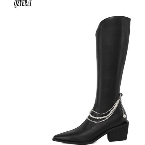QZYERAI New winter style Knee-high boots Genuine leather Women boots warm pointed pearl Fashion boots Women shoes