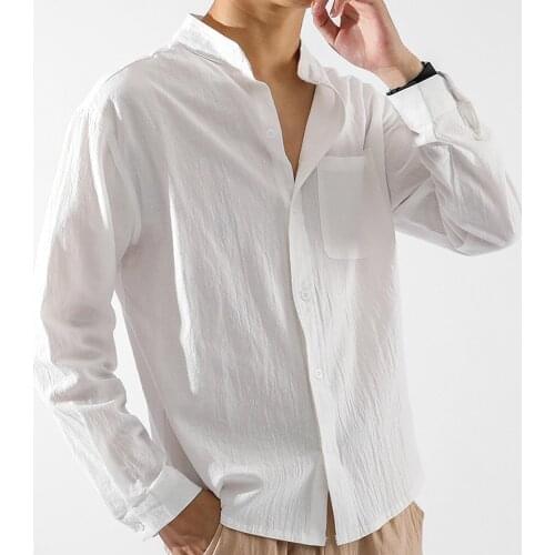 Men Solid Color Pocket Stand Collar Buttons Shirt Top Cotton Linen Loose Coat
