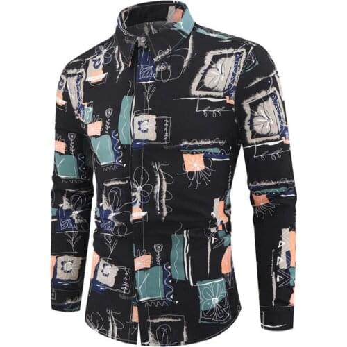 Shirts Man Autumn Printed Long Sleeve Buttons Slim Shirt Turn Down Collar Blouse Top Mens Clothing 2021
