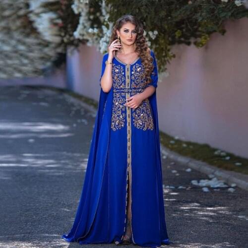 Blue V-Neck Moroccan Caftan Muslim Evening Dress Floor Length Saudi Arabia Dubai Prom Dress With Gold Applique Plus Szie