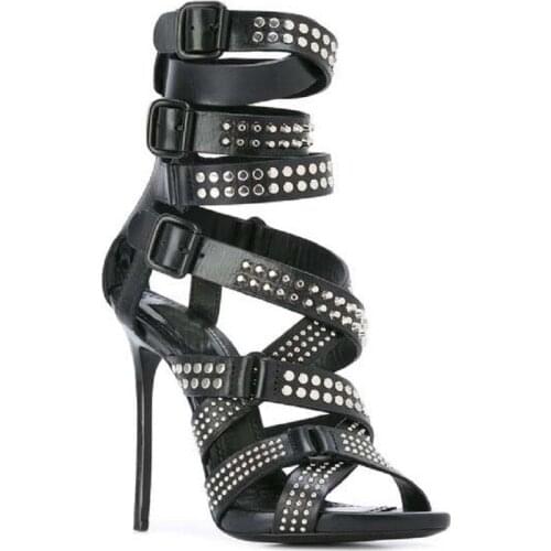 Black Genuine Leather Sexy Thin Heels Sandals Cool Boots Buckle Strap Rivet Fashion High Heel Gladiator Sandals Club Pumps Shoes