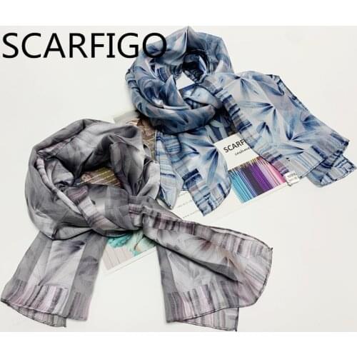 SCARFIGO 125*25cm Leaf Printed Women Silk Scarves 100%Silk Long Scarf Shawls