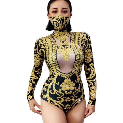 Sexy Printing Rhinestones Long Sleeve Bodysuits Bar Dance Clothing Womens Party Clothing Stage Wear Lady Dance Bodysuits