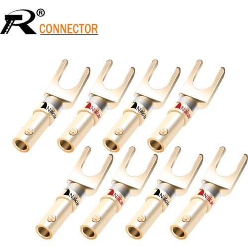 8pcs Nakamichi Brass U/Y Type Banana Plug Conenctor Gold plated Spade Speaker Banana Plugs Audio Screw Fork Connectors Adapter