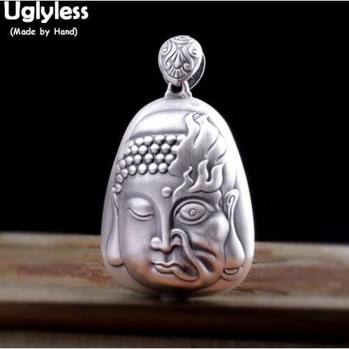 Uglyless Buddha Devil in one moment Real 999 Full Silver Buddhistic Pendants Necklace Chain Unisex Heart Sutra Gift Jewelry P885