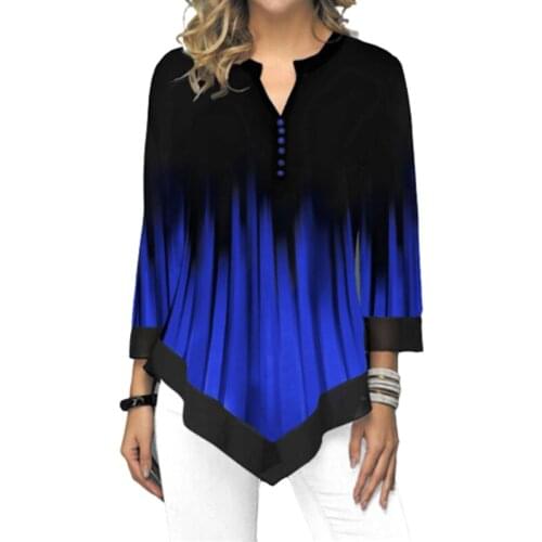 Tops Women 2020 Split V-Neck Print Oversized T shirt For Women Autumn Irregular Hem Buttons Long Tshirt 5XL Big Size Clothing