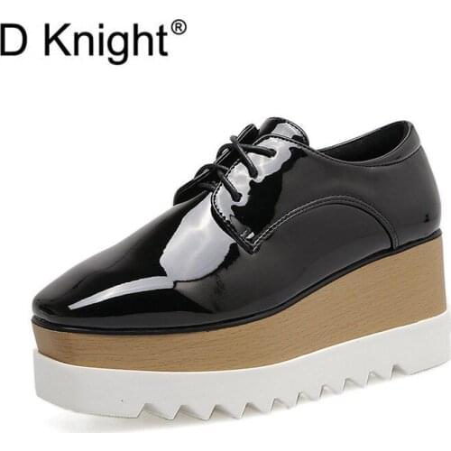 Korean Patent Leather Female Platform Brogues Shoes Square Toe Women High Wedge Heel Japanese Lace Up Pumps Women Oxfords Shoes
