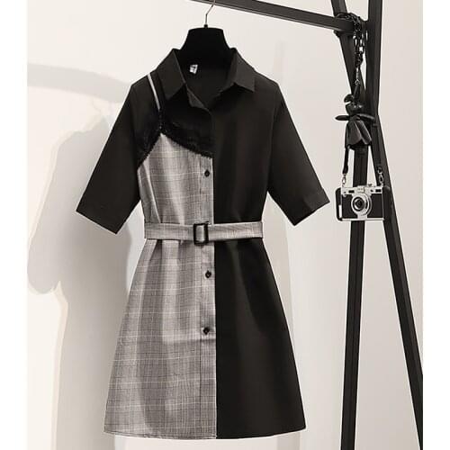 2021 Patchwork Shirt Dress Women Korean Spring Summer Short Sleeve Plaid Min Dress With Belt Fake Two Piece Dress vestidos