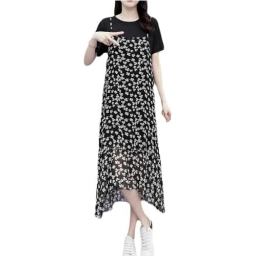 Summer Chiffon Fake 2 pieces Dresses Women O-Neck Short Sleeve Floral Print Midi Dress Korean Elegant Slim Dress FC1309