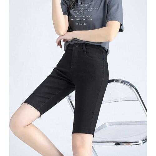 2021 Summer Shorts Jeans Capris High Waist Skinny Stretch Cotton Elastic Denim Short Pants Blue Washed Half Trousers Black P016