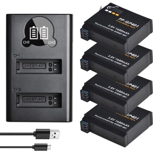 4 Pcs 1680mAh Gopro Hero 4 Battery Replacement & LED Dual USB Charger for GoPro HERO4 GoPro AHDBT-401 Action Camera Bateria