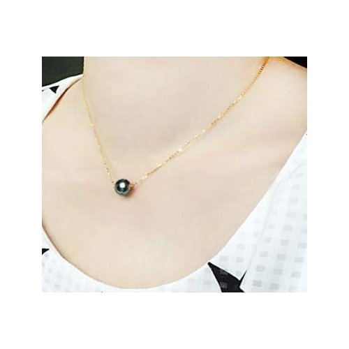 Noble jewelry 10-11mm tahitian round black green pearl 18k necklace 17.5" 14k gold chain