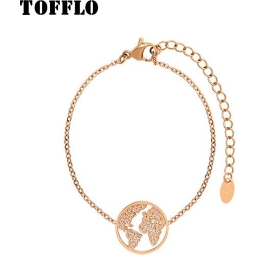 TOFFLO Stainless Steel Jewelry Sky Star Bracelet Round Hollow Out Zircon Map Bracelet Rose Gold Female Exquisite Bracelet BSE181