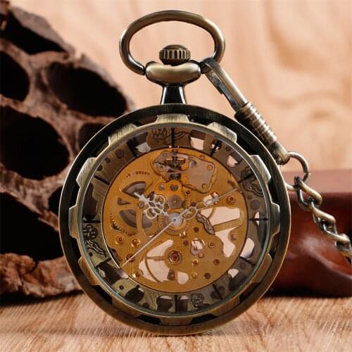 Transparent Hollow Manual Mechanical Pocket Watch Bronze/Black Open Face Pendant Hand Winding Mechanism Pocket Clock Gifts Male