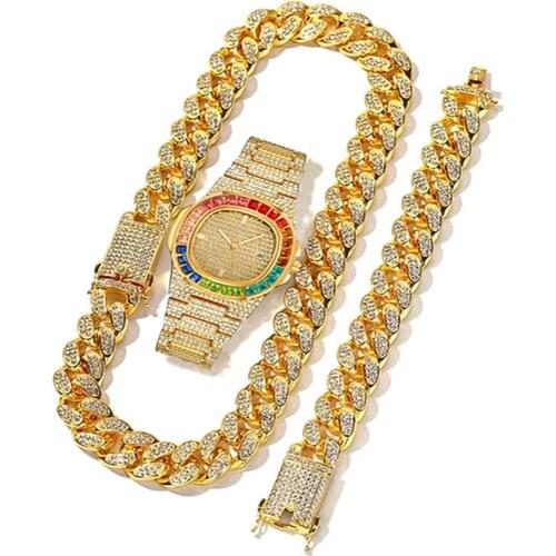 3pcs Watch+Necklace+Bracelet Luxury Iced Out Watch Men Hip Hop Miami Bling Big Gold Cuban Chain Paved Rhinestone Men Jewelry Set