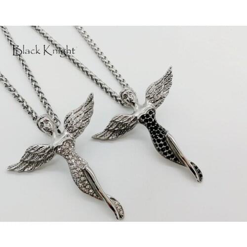 Black Knight full crystals Wings Angel pendant necklace Silver color stainless steel Wing beauty angel necklace fashion BLKN0691
