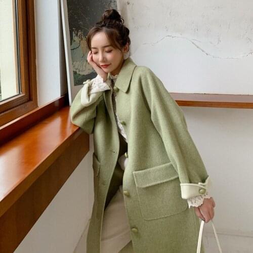 Double-sided handmade woolen coat and Australian wool mid-length loose straight cashmere coat temperament women
