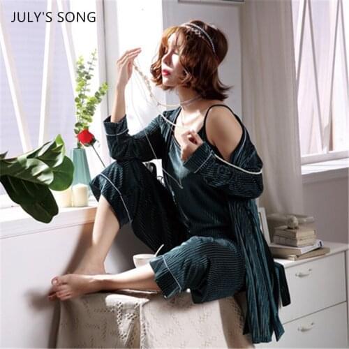 JULYS SONG Pajamas Set 3 Pieces Stripes Gold Velvet Autumn Winter Solid Color Green Pink Female Sleepwear Elegant Nightgown