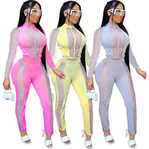 Sexy Patchwork See Through Solid 2 Piece Outfits Sportswear O Neck Long Sleeve Crop Top + Pants Slim Two Piece Set Matching Suit