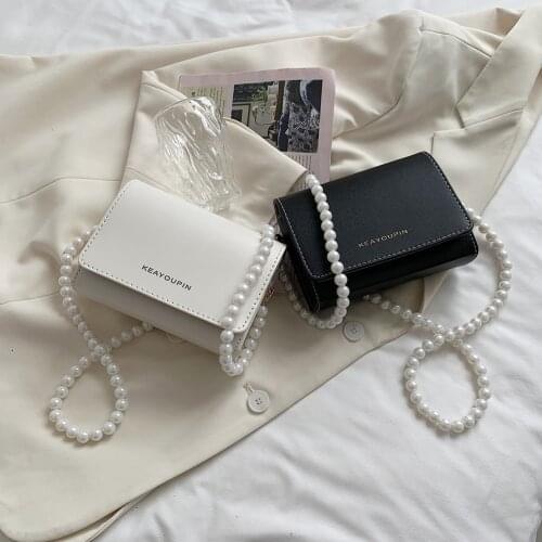Fashion Women PU Leather Pure Color Shoulder Crossbody Messenger Bag Casual Ladies Pearl Chain Mini Handbags Flap Purse